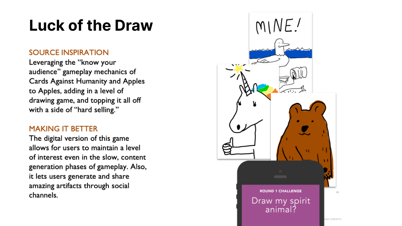 Luck of the Draw concept slide showing player-drawn cards and a round challenge screen